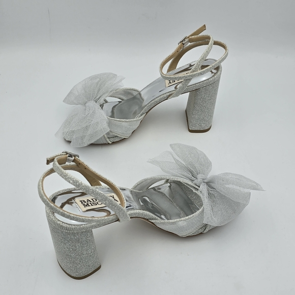 Badgley Mischka Tess Block Heel Sandals with Mesh Poof Bow, Silver Metallic, 6 - Picture 7 of 16